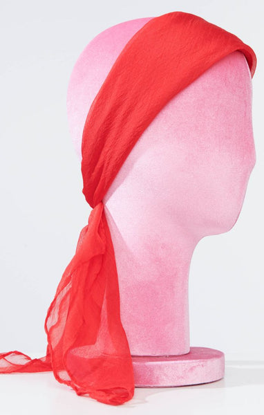 semi-sheer bright red chiffon square scarf, shown styled on a pink mannequin head