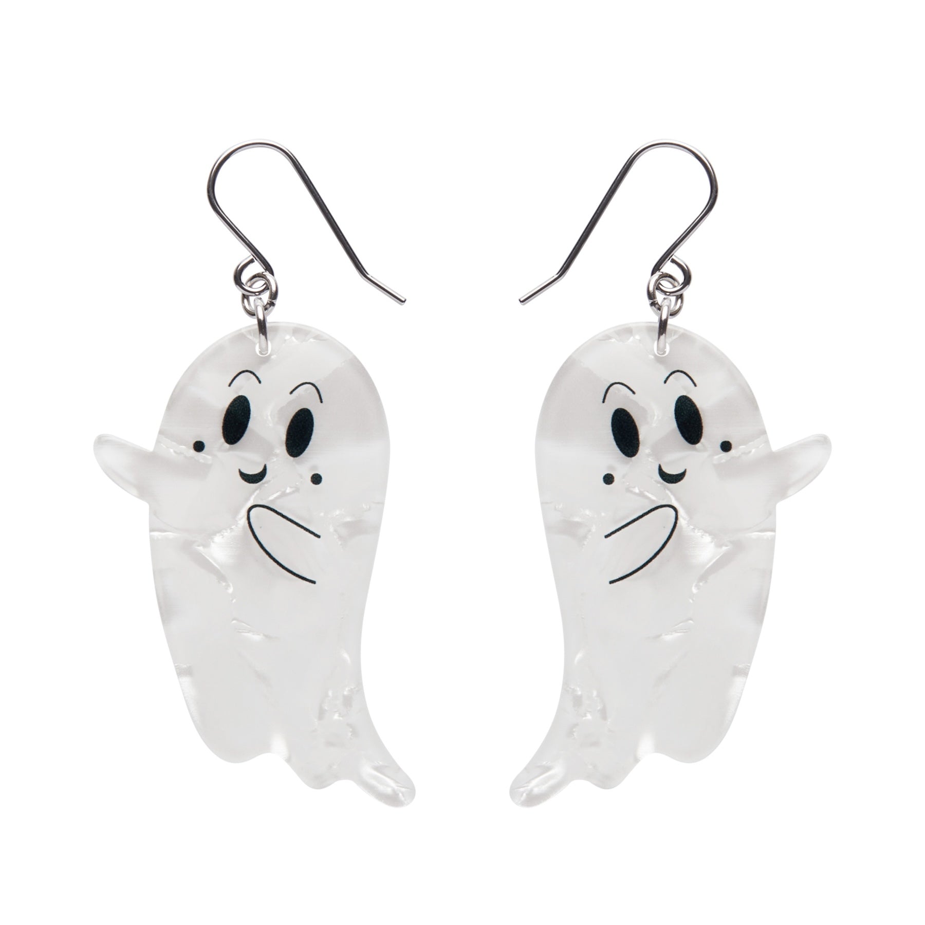 Halloween Essentials Collection smiling ghost-shaped dangle earrings in white ripple texture resin