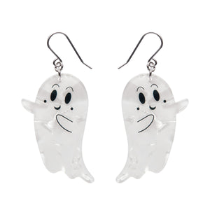 Halloween Essentials Collection smiling ghost-shaped dangle earrings in white ripple texture resin