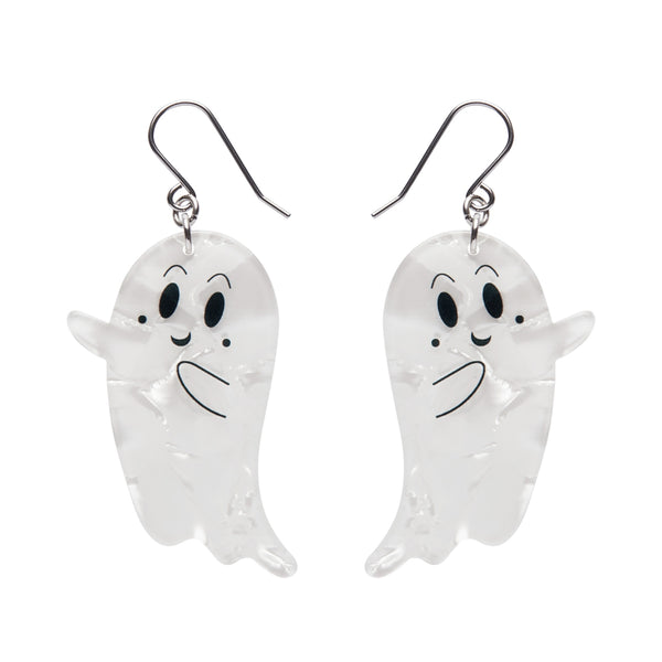 Halloween Essentials Collection smiling ghost-shaped dangle earrings in white ripple texture resin