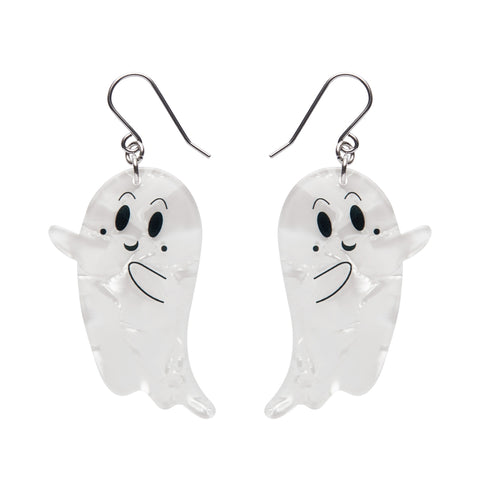 Halloween Essentials Collection smiling ghost-shaped dangle earrings in white ripple texture resin