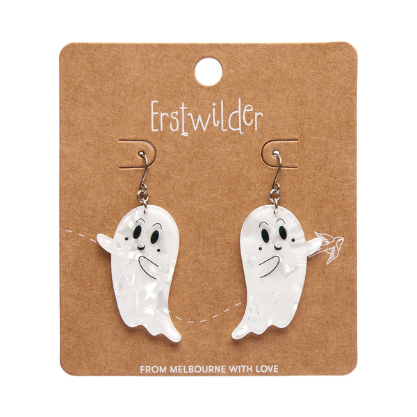 Halloween Essentials Collection smiling ghost-shaped dangle earrings in white ripple texture resin