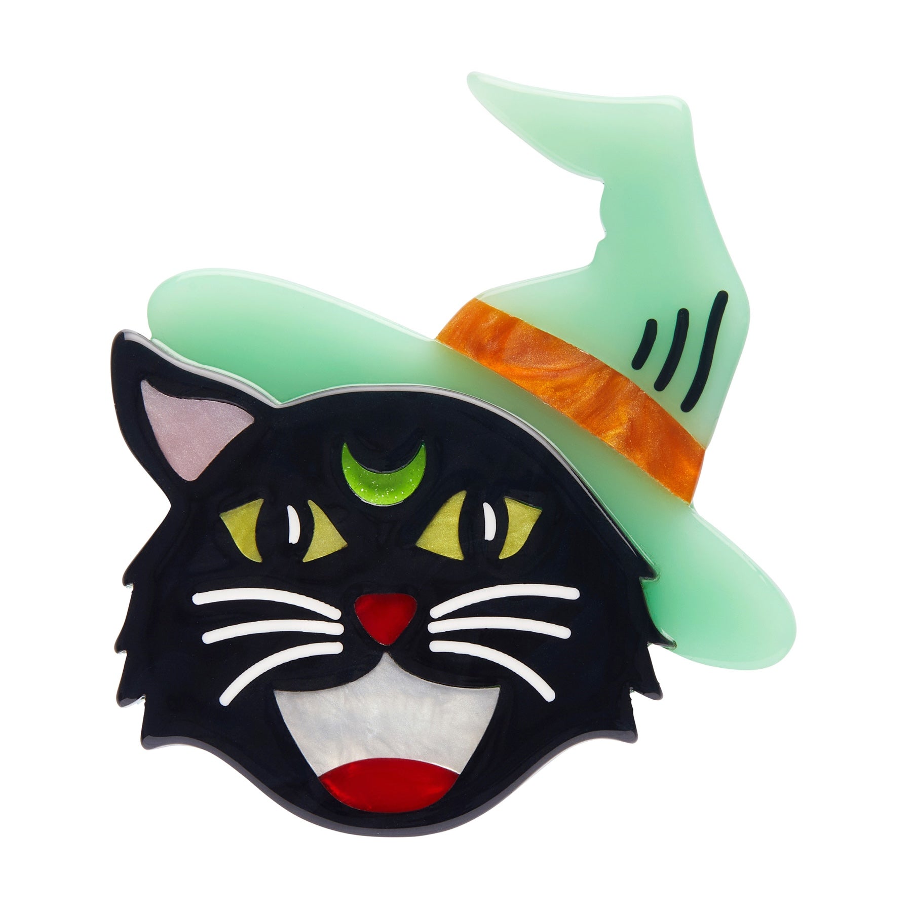 Best of Halloween collection black cat in a glow-in-the-dark witch hat "Hex Kitten" layered acrylic resin brooch