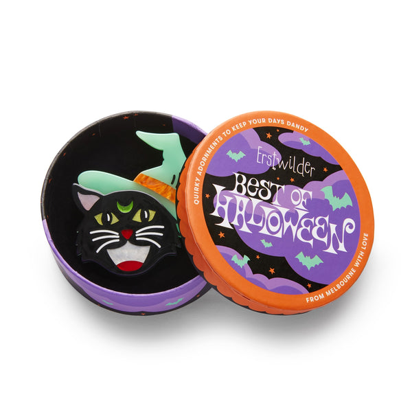 Best of Halloween collection black cat in a glow-in-the-dark witch hat "Hex Kitten" layered acrylic resin brooch