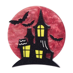 spooky black mansion silhouetted against a ruby full moon "On Haunted Hill" layered acrylic resin brooch