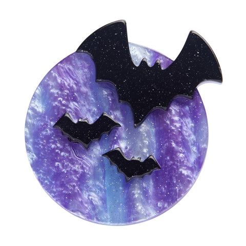 Best of Halloween collection hauntingly beautiful glittery ripple texture lavender moon with glitter black bat silhouettes "All Hallows' Eve" layered acrylic resin brooch