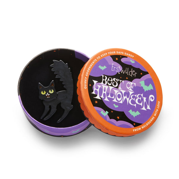 black cat with yellow eyes and puffed up raised tail layered acrylic resin brooch, shown in illustrated round box packaging