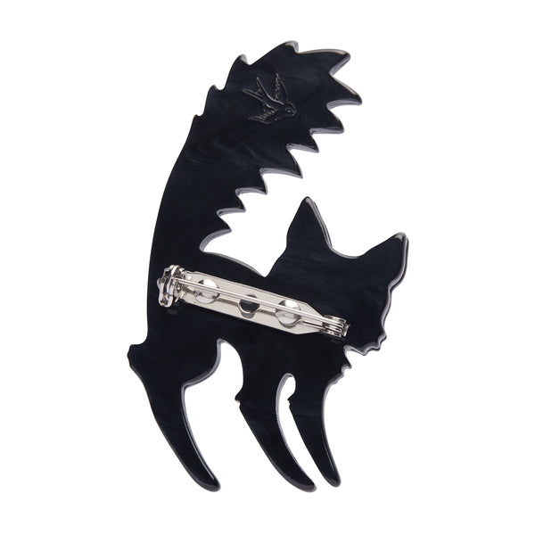 black cat with yellow eyes and puffed up raised tail layered acrylic resin brooch, showing the back view of silver metal pin clasp