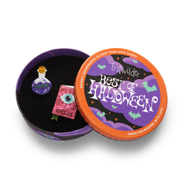 Best of Halloween collection "Witch's Brew" set of corked poison bottle and book of spells brooches, shown in illustrated round box packaging