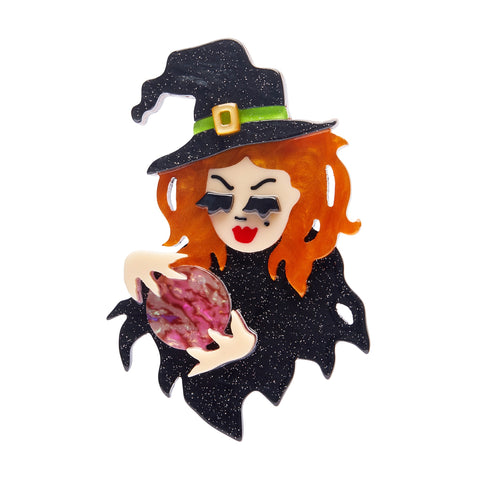 Best of Halloween collection "Not so Wicked" red-haired witch holding a crystal ball layered acrylic resin brooch