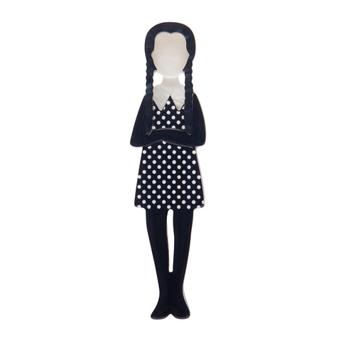 Best of Halloween collection Wednesday Addams in a black and white polka dot dress "Full of Woe" layered acrylic resin brooch