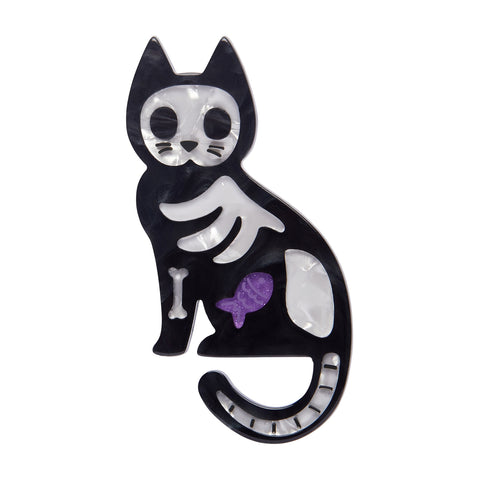 Erstwilder's Best of Halloween collection "Tabby Tombstone" skeletal kitty with a little fish in its belly black, white, and purple layered acrylic resin brooch