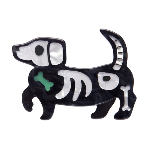 Erstwilder's Best of Halloween collection "Doggo Darkness" skeletal pupper with bone detail black, white, and green layered acrylic resin brooch