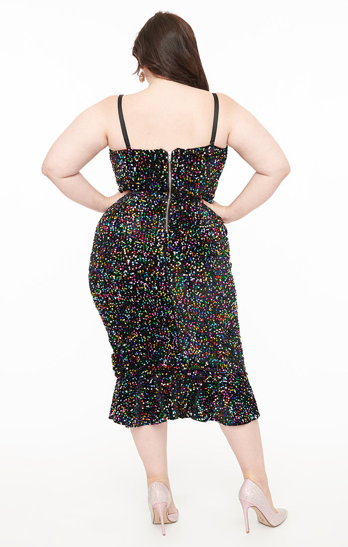 black dress with rainbow sequins Yours London Women's Plus Size Black Rainbow Gathered Sequin Midi Dress Size 18