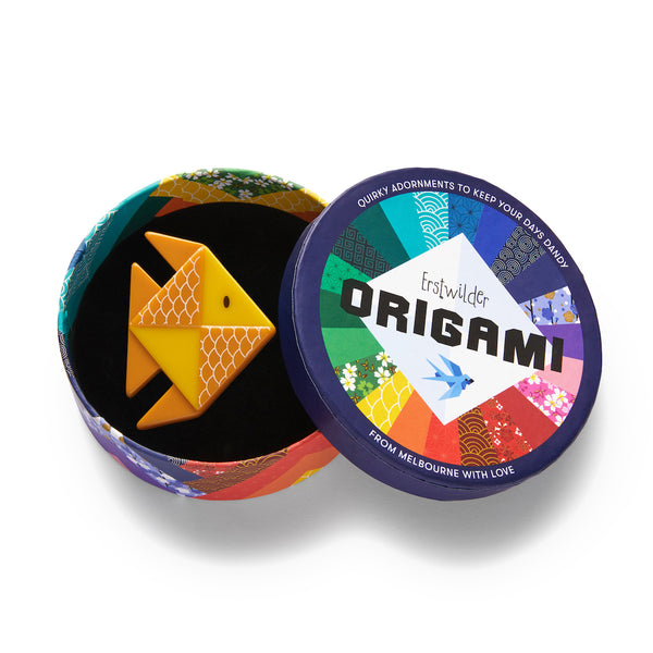 Origami Collection "The Memorable Goldfish" layered resin brooch, shown in illustrated round box packaging
