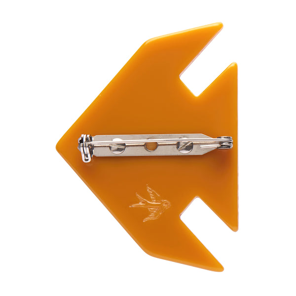 Origami Collection "The Memorable Goldfish" layered resin brooch, showing back view