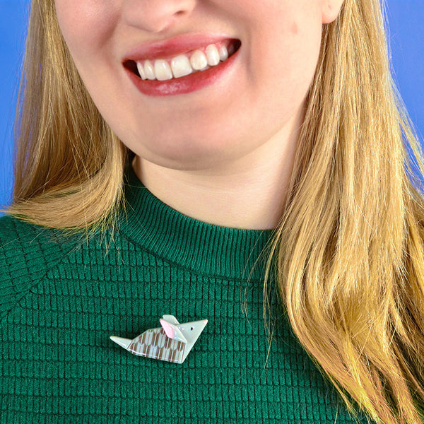 Origami Collection "This Little Mouse" layered resin brooch, shown on model