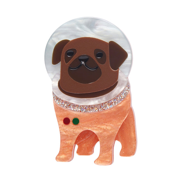 Mission to the Moon Collection "Interplanetary Pug” layered resin cosmonaut canine brooch