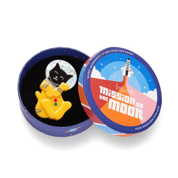 Mission to the Moon Collection "Major Tomcat” layered resin cosmonaut cat brooch, shown in illustrated round box packaging