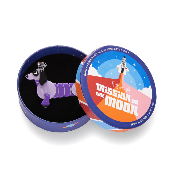 Mission to the Moon Collection "Robo Spiffy” layered resin robot dachschund brooch, shown in illustrated round box packaging