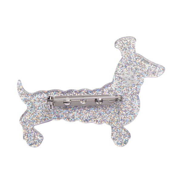 Mission to the Moon Collection "Robo Spiffy” layered resin robot dachschund brooch, showing silver glitter back view
