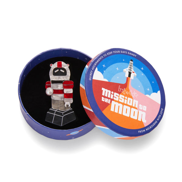 Mission to the Moon Collection "Flight Engineer” layered resin robot brooch, shown in illustrated round box packaging