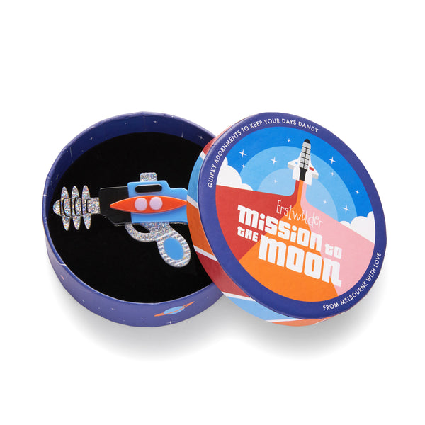 Mission to the Moon Collection "Pew Pew” layered resin retro raygun brooch, shown in illustrated round box packaging