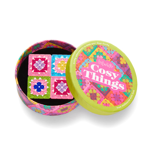 Cosy Things Collection "Closed Stitch Collection” layered resin crochet granny squares brooch, shown in illustrated round box packaging