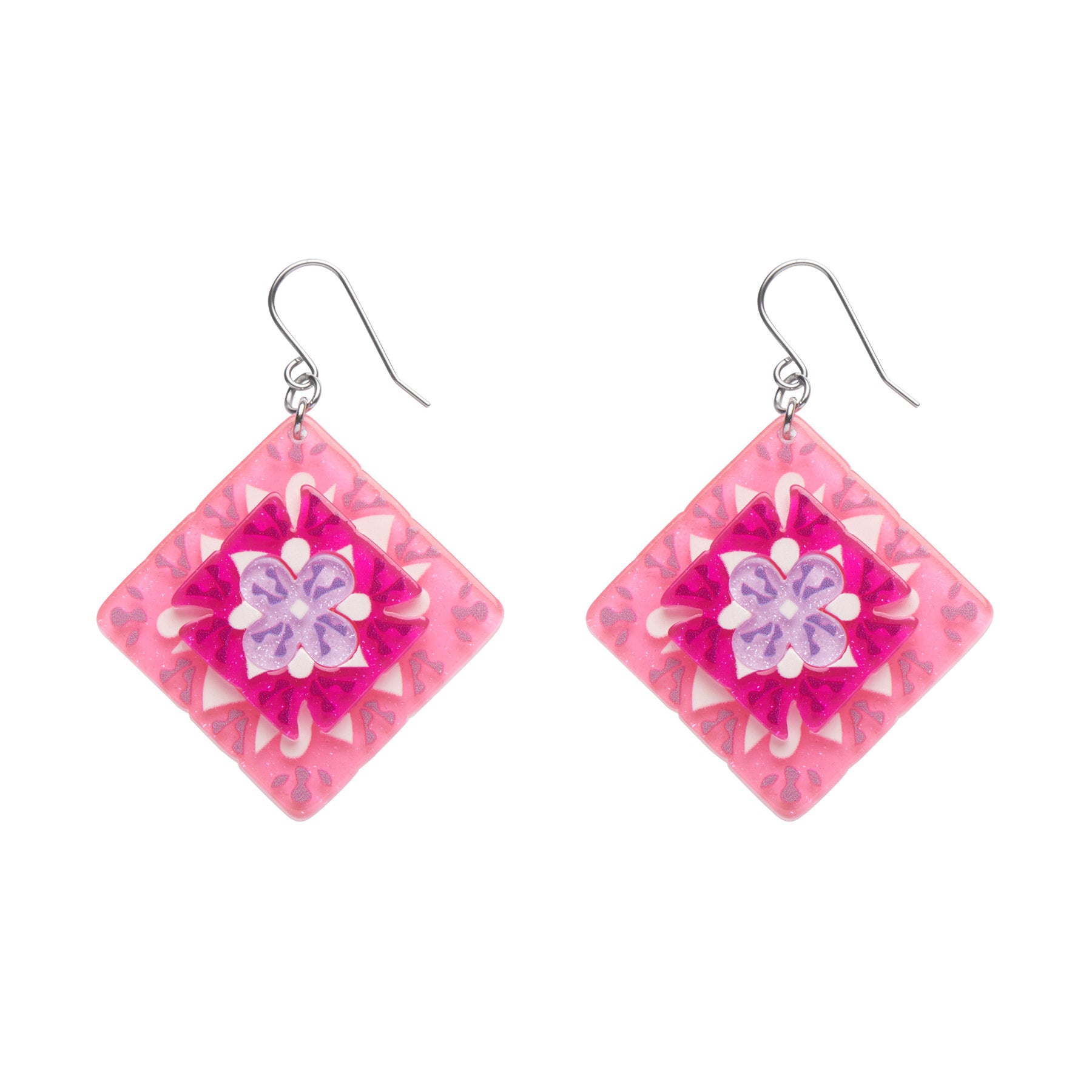 Cosy Things Collection "Cosy Comfort” layered resin crochet granny square dangle earrings in pink colorway
