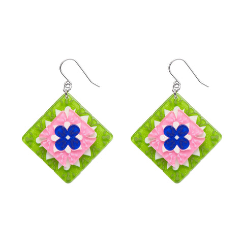 Cosy Things Collection "Cosy Comfort” layered resin crochet granny square dangle earrings in green colorway