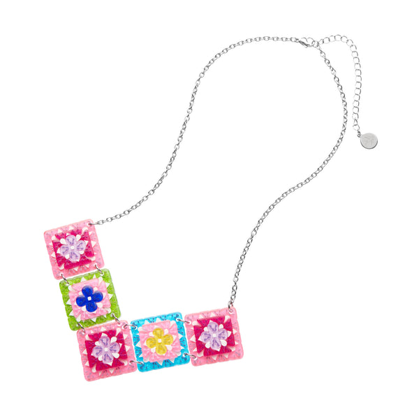 Cosy Things Collection "Mosaic Motifs” layered resin crochet granny squares pendant necklace