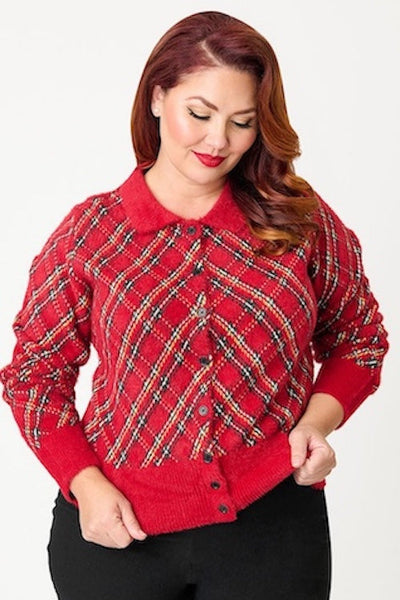 retro style long sleeve waist length faux mohair button-up cardigan in a knit-in red plaid pattern with solid red knit waistband, cuffs, and stand-up collar. shown worn by a plus size model from the front