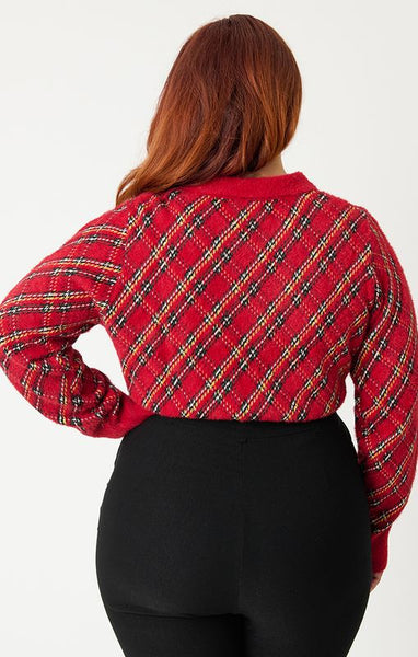 retro style long sleeve waist length faux mohair button-up cardigan in a knit-in red plaid pattern with solid red knit waistband, cuffs, and stand-up collar. shown worn by a plus size model from the back
