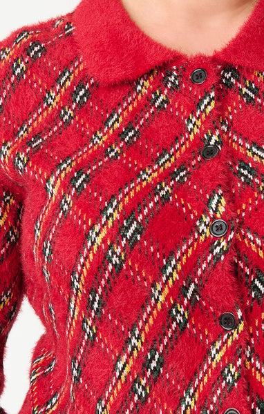 retro style long sleeve waist length faux mohair button-up cardigan in a knit-in red plaid pattern with solid red knit waistband, cuffs, and stand-up collar. shown worn by a plus size model from the front In close up