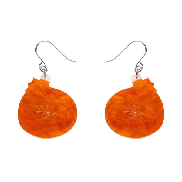 pair "Midnight Magic Pumpkin" layered resin dangle earrings, showing back view
