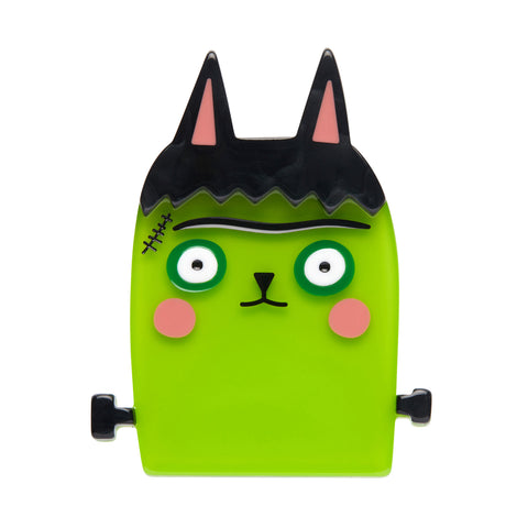 "Night of the Living Cat" layered resin green monster kitty head brooch