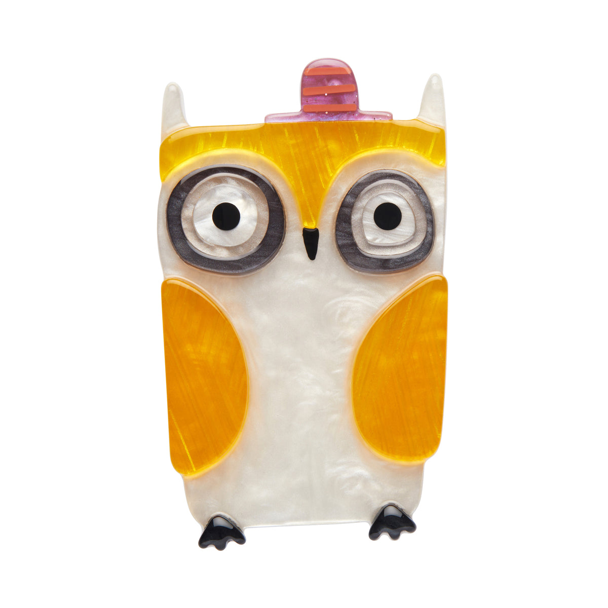 "Owl-O-Ween" layered resin owl in a purple & orange striped hat brooch