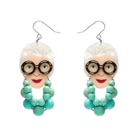 Iris Apfel x Erstwilder collaboration collection "Iris The Style Icon" layered acrylic resin dangle earrings with attached bead necklace