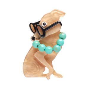Iris Apfel x Erstwilder collaboration collection "Spectacular Spectacles Iris" layered acrylic resin dog with glasses and necklace mini brooch