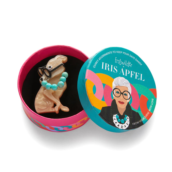 Iris Apfel x Erstwilder collaboration collection "Spectacular Spectacles Iris" layered acrylic resin dog with glasses and necklace mini brooch, shown in illustrated round box packaging