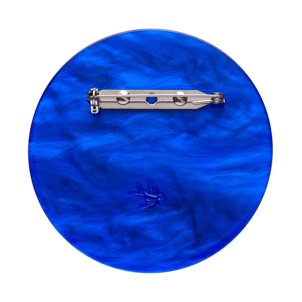 Erstwilder's Spellbound collection "Dead of Night" crescent moon and starry sky layered resin brooch, showing solid royal blue reverse
