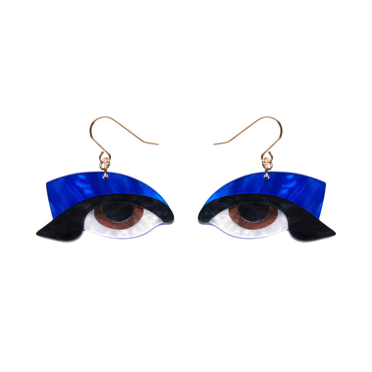 pair Erstwilder's Spellbound collection "Hypnotic Gaze" blue-eyeshadowed brown eyes layered resin dangle earrings