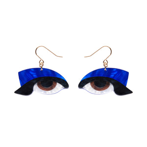 pair Erstwilder's Spellbound collection "Hypnotic Gaze" blue-eyeshadowed brown eyes layered resin dangle earrings
