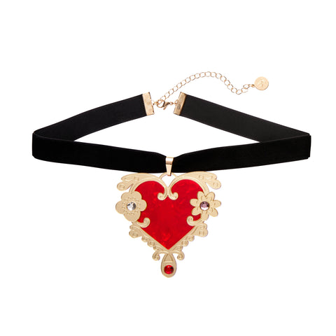Erstwilder's Spellbound collection "Love or Narcissism" red and gold heart layered resin pendant with inset Czech glass crystals on 5/8" wide 15" long black velvet ribbon choker with 3 1/4" gold metal extender chain 