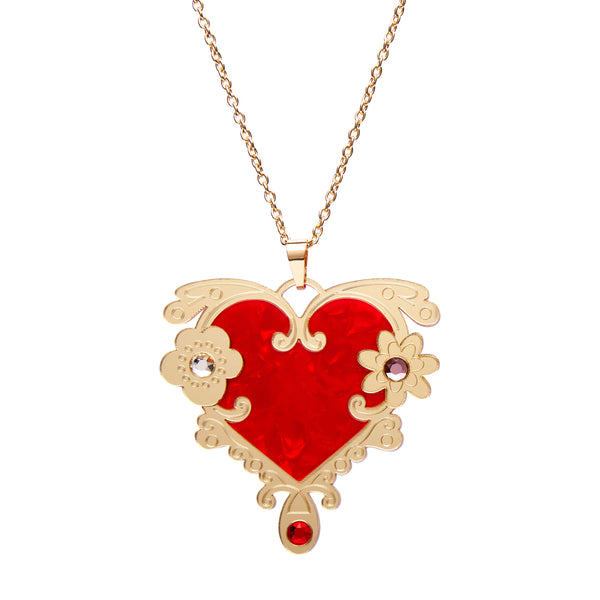 Erstwilder's Spellbound collection "Love or Narcissism" red and gold heart pendant with inset Czech glass crystals, shown strung on gold metal chain