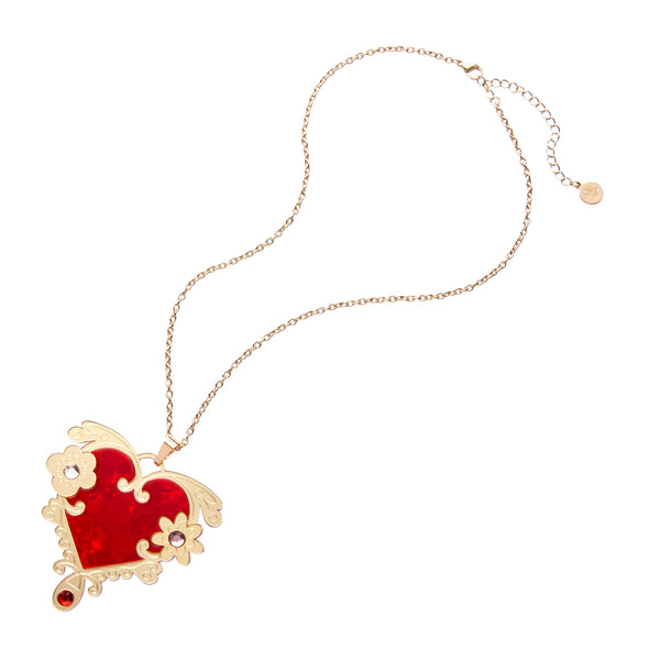 Erstwilder's Spellbound collection "Love or Narcissism" red and gold heart layered resin pendant with inset Czech glass crystals on 17" - 21" adjustable lobster clasp chain