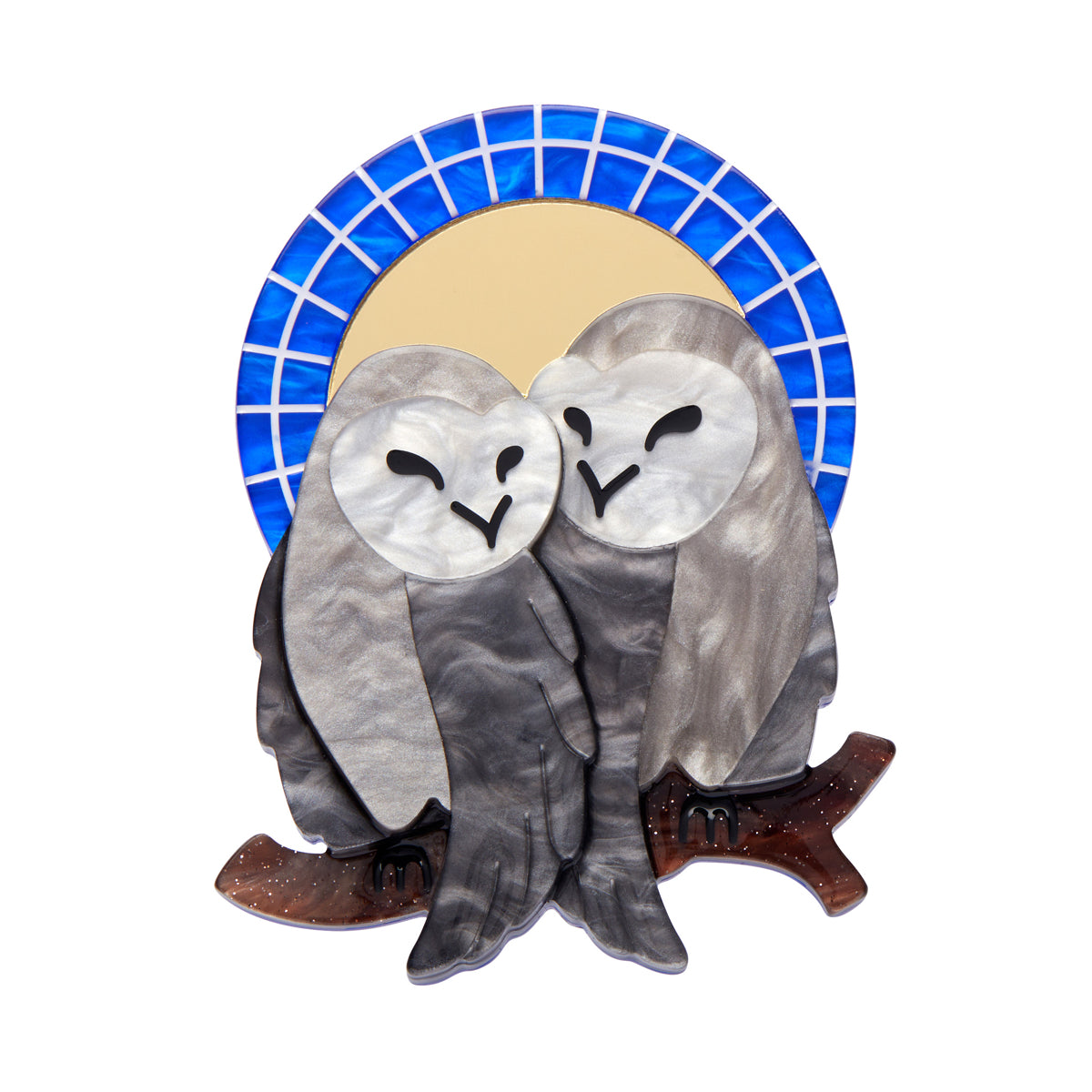 Erstwilder's Spellbound collection "Good Omens Owls" pair of grey birds layered resin brooch