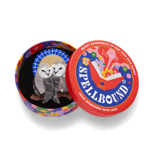 Erstwilder's Spellbound collection "Good Omens Owls" pair of grey birds layered resin brooch, shown in illustrated round box packaging