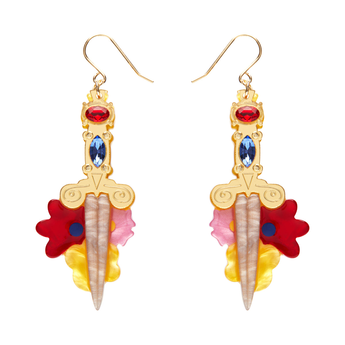 pair Erstwilder's Spellbound collection "Double-Edged Delight" mirror gold handled dagger layered resin dangle earrings with inset Czech glass crystals