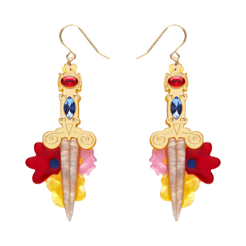 pair Erstwilder's Spellbound collection "Double-Edged Delight" mirror gold handled dagger layered resin dangle earrings with inset Czech glass crystals